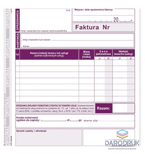 Michalczyk i Prokop Druk offsetowy 2/3 A5 Faktura dla podatników zwolnionych podmiotowo z podatku VAT 80k. Michalczyk i Prokop (204-4E)