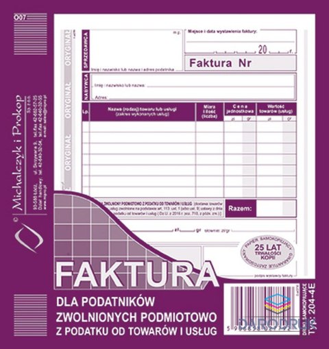 Michalczyk i Prokop Druk offsetowy 2/3 A5 Faktura dla podatników zwolnionych podmiotowo z podatku VAT 80k. Michalczyk i Prokop (204-4E)