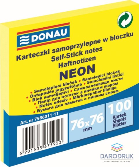 Donau Notes samoprzylepny (karteczki) Neon żółty 100k [mm:] 76x76 Donau (7586011-11)