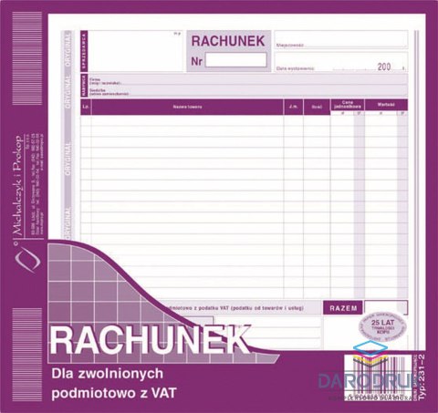 Michalczyk i Prokop Druk samokopiujący 2/3 A4 rachunek dla zwolnionych podmiotowo z VAT 80k. Michalczyk i Prokop (231-2)