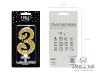 Partydeco Świeczka urodzinowa Cyferka 3, złoty, 10cm Partydeco (SCU4-3-019)