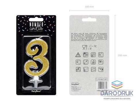 Partydeco Świeczka urodzinowa Cyferka 3, złoty, 10cm Partydeco (SCU4-3-019)