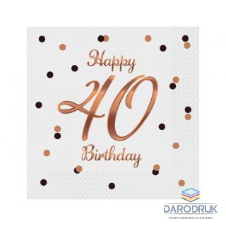 Godan Serwetki Happy 40 Birthday, białe, nadruk różowo-złoty biały papier [mm:] 330x330 Godan (PG-S40B)