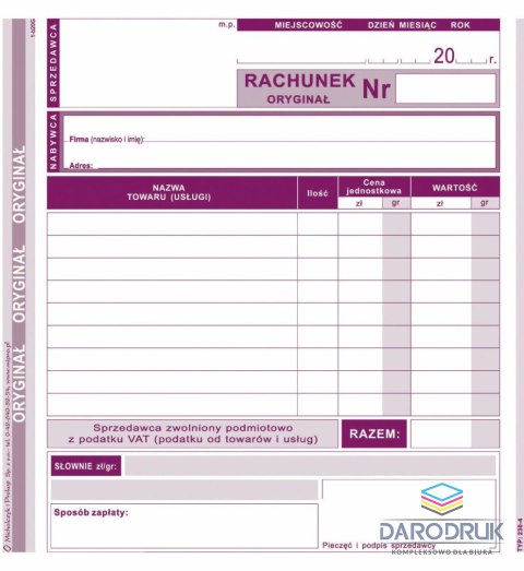 Michalczyk i Prokop Druk offsetowy 2/3 A5 Rachunek dla zwolnionych podmiotowo z VAT 80k. Michalczyk i Prokop (230-4)
