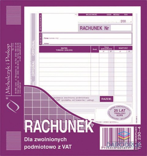 Michalczyk i Prokop Druk offsetowy 2/3 A5 Rachunek dla zwolnionych podmiotowo z VAT 80k. Michalczyk i Prokop (230-4)