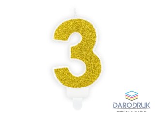 Partydeco Świeczka urodzinowa cyferka 3 złoty brokat 7cm Partydeco (SCU3-3-019B)
