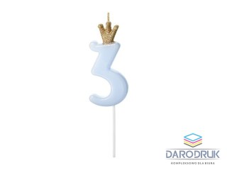 Partydeco Świeczka urodzinowa Cyferka 3, jasny niebieski, 9.5cm Partydeco (SCU6-3-001J)
