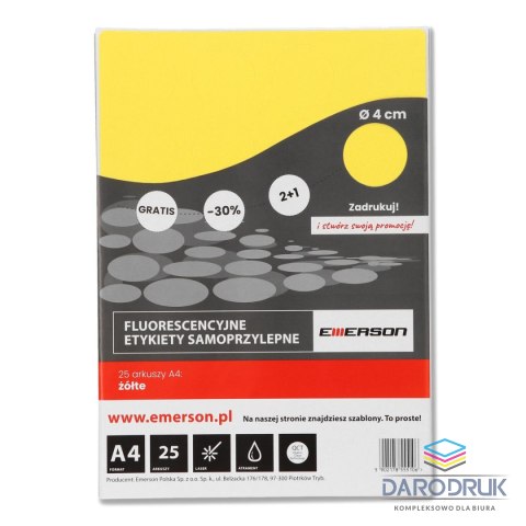 Emerson Etykieta samoprzylepna A4 kółka 40 mm żółty Emerson (ETOKBIA002x025x010)