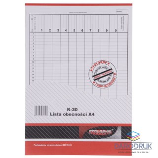 Stolgraf Druk offsetowy A4 lista obecności A4 100k. Stolgraf (K30)
