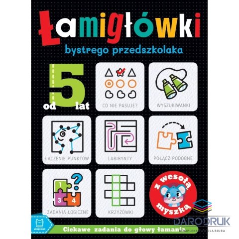 Aksjomat Książka dla dzieci Łamigłówki bystrego przedszkolaka z wesołą myszką Ciekawe zadania do głowy łamania. Aksjomat