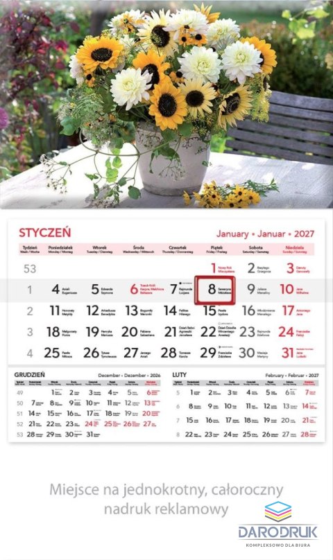 Lucrum Kalendarz ścienny KWIATY JEDNODZIELNY 320mm x 560mm Lucrum (KT04)