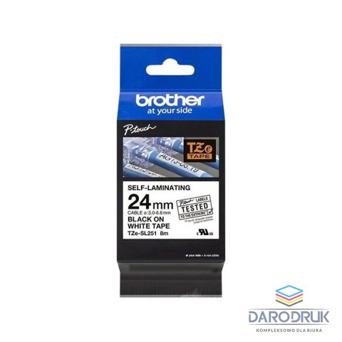 Taśma Brother samolaminująca 24mm x 8m czarny nadruk/białe tło