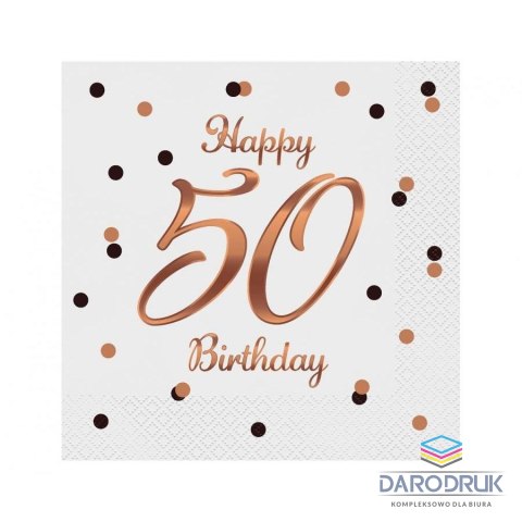 Godan Serwetki Happy 50 Birthday, białe, nadruk różowo-złoty biały papier [mm:] 330x330 Godan (PG-S50B)