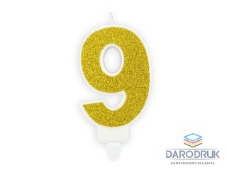 Partydeco Świeczka urodzinowa cyferka 9 złoty brokat 7cm Partydeco (SCU3-9-019B)