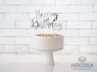 Partydeco Dekoracja na tort topper na tort Happy Birthday, srebrny, 22,5cm Partydeco (KPT11-018M)