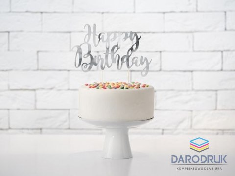Partydeco Dekoracja na tort topper na tort Happy Birthday, srebrny, 22,5cm Partydeco (KPT11-018M)