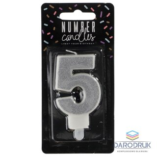 Partydeco Świeczka urodzinowa cyferka 5 srebrny 7 cm 7cm Partydeco (SCU3-5-0188)
