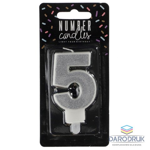 Partydeco Świeczka urodzinowa cyferka 5 srebrny 7 cm 7cm Partydeco (SCU3-5-0188)