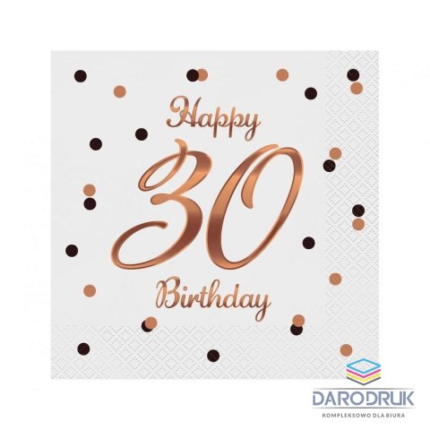 Godan Serwetki Happy 30 Birthday, białe, nadruk różowo-złoty biały papier [mm:] 330x330 Godan (PG-S30B)