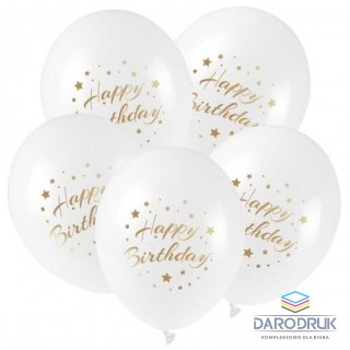 Arpex Balon gumowy ze złotym nadrukiem Happy Birthday (5 szt.) biały 300mm 12cal Arpex (KB2877)