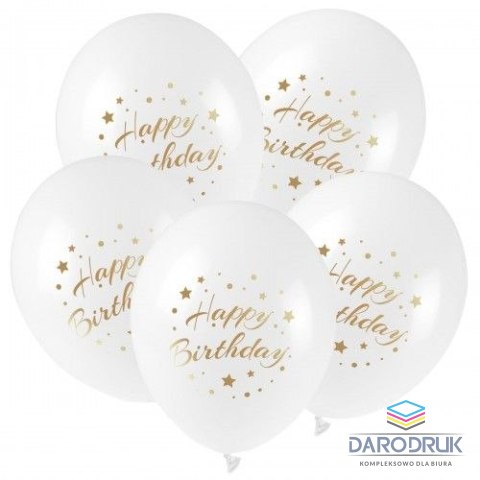 Arpex Balon gumowy ze złotym nadrukiem Happy Birthday (5 szt.) biały 300mm 12cal Arpex (KB2877)
