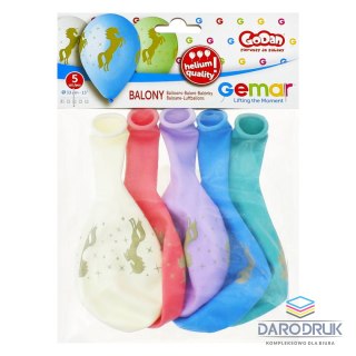 Balon gumowy PREMIUM złoty jednorożec metalizowany 5 szt mix 330mm 13cal (GS120/ZJ)