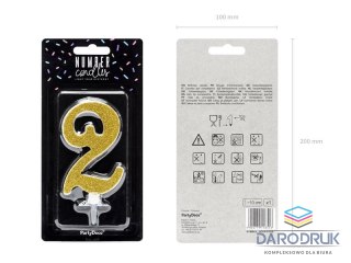 Partydeco Świeczka urodzinowa Cyferka 2, złoty, 10cm Partydeco (SCU4-2-019)