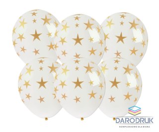 Arpex Balon gumowy Golden party ze złotym nadrukiem gwiazdki 6szt. biały 250mm Arpex (KB8190)