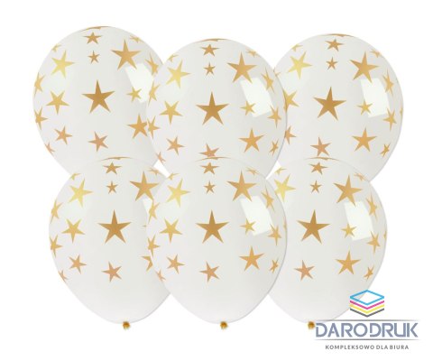 Arpex Balon gumowy Golden party ze złotym nadrukiem gwiazdki 6szt. biały 250mm Arpex (KB8190)
