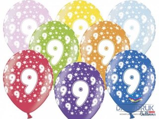 Partydeco Balon gumowy gumowy 9 urodziny, mix kolorów 30 cm/6 sztuk mix 300mm Partydeco (SB14M-009-000-6)