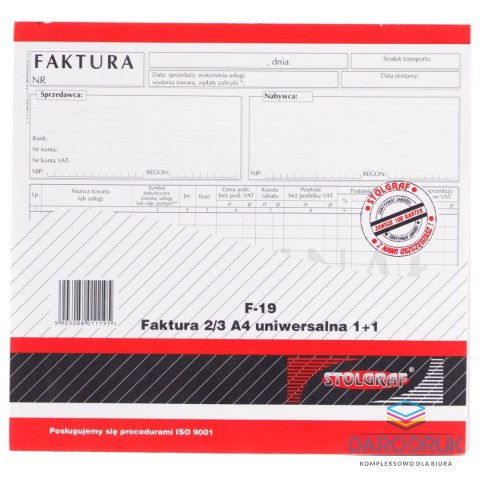 Stolgraf Druk samokopiujący 2/3 A4 faktura 2/3 A4 (1+1) uniwersalna 100k. Stolgraf (F19)