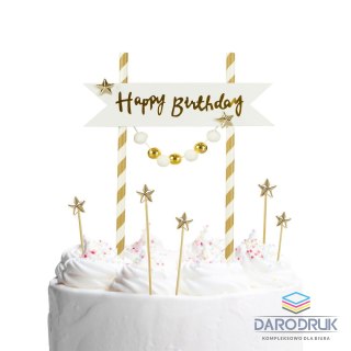 Arpex Dekoracja na tort Happy Birthday - pomponiki złote Arpex (KK0133ZLO-7690)