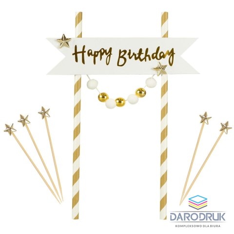 Arpex Dekoracja na tort Happy Birthday - pomponiki złote Arpex (KK0133ZLO-7690)