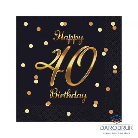 Godan Serwetki Happy 40 Birthday, nadruk złoty czarny papier [mm:] 330x330 Godan (PG-S40C)
