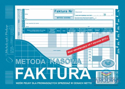 Michalczyk i Prokop Druk samokopiujący A5 Faktura - metoda kasowa wzór pełny dla prowadzących sprzedaż w cenach netto 80k. Michalczyk i Prokop (151-