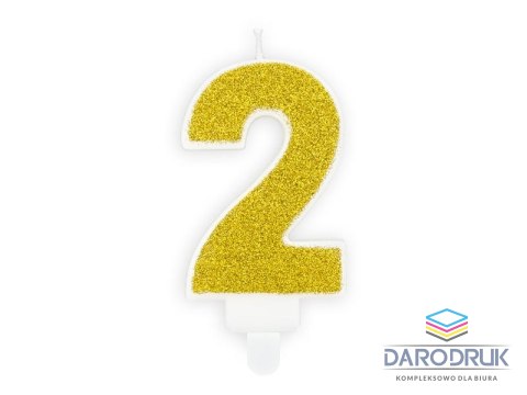 Partydeco Świeczka urodzinowa cyferka 2 złoty brokat 7cm Partydeco (SCU3-2-019B)