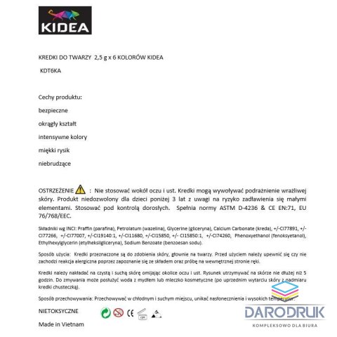 Kidea Farba do malowania twarzy 6 kolor. Kidea (KDT6KA)