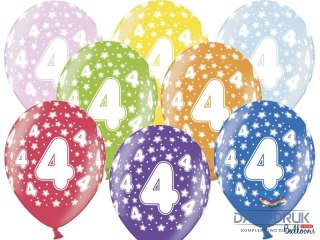 Partydeco Balon gumowy gumowy 4 urodziny, mix kolorów 30 cm/6 sztuk mix 300mm Partydeco (SB14M-004-000-6)