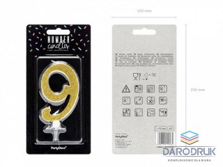 Partydeco Świeczka urodzinowa Cyferka 9, złoty, 10cm Partydeco (SCU4-9-019)