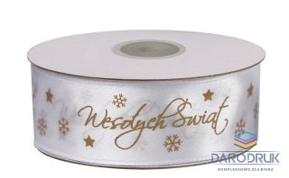 Titanum Wstążka Craft-Fun Series satynowa satynowa z nadrukiem Wesołych Świąt 25 biało-złoty Titanum (25/25YWHITE)