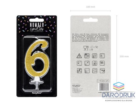 Partydeco Świeczka urodzinowa Cyferka 6, złoty, 10cm Partydeco (SCU4-6-019)