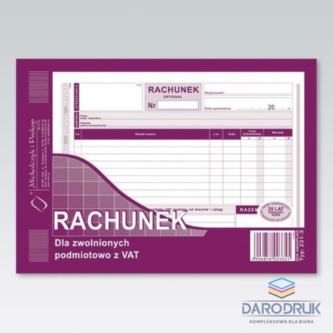 Michalczyk i Prokop Druk offsetowy A5 Rachunek dla zwolnionych podmiotowo z VAT 80k. Michalczyk i Prokop (231-3)