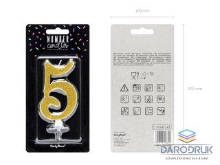 Partydeco Świeczka urodzinowa Cyferka 5, złoty, 10cm Partydeco (SCU4-5-019)