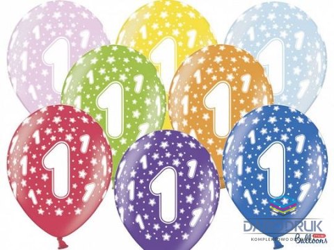 Partydeco Balon gumowy gumowy 1 urodziny, mix kolorów 30 cm/6 sztuk mix 300mm Partydeco (SB14M-001-000-6)