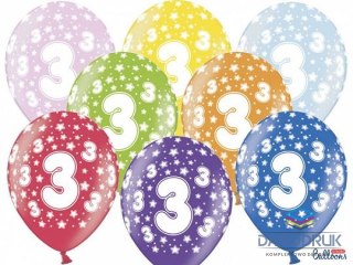 Partydeco Balon gumowy gumowy 3 urodziny, mix kolorów 30 cm/6 sztuk mix 300mm Partydeco (SB14M-003-000-6)