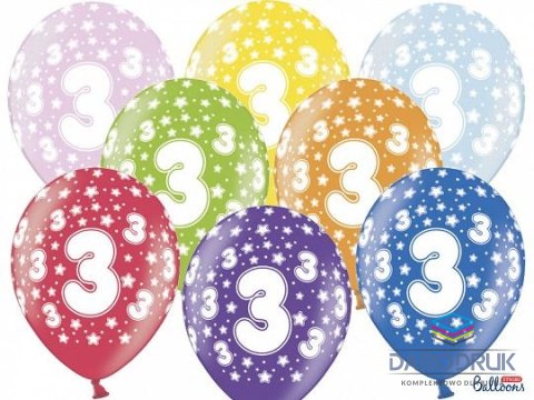 Partydeco Balon gumowy gumowy 3 urodziny, mix kolorów 30 cm/6 sztuk mix 300mm Partydeco (SB14M-003-000-6)