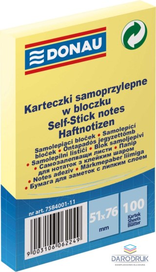 Donau Notes samoprzylepny (karteczki) żółta 100k [mm:] 51x76 Donau (7584001-11)