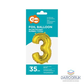 Godan Balon foliowy cyfra 3 złoty 35 cm Godan (FG-C35Z3)