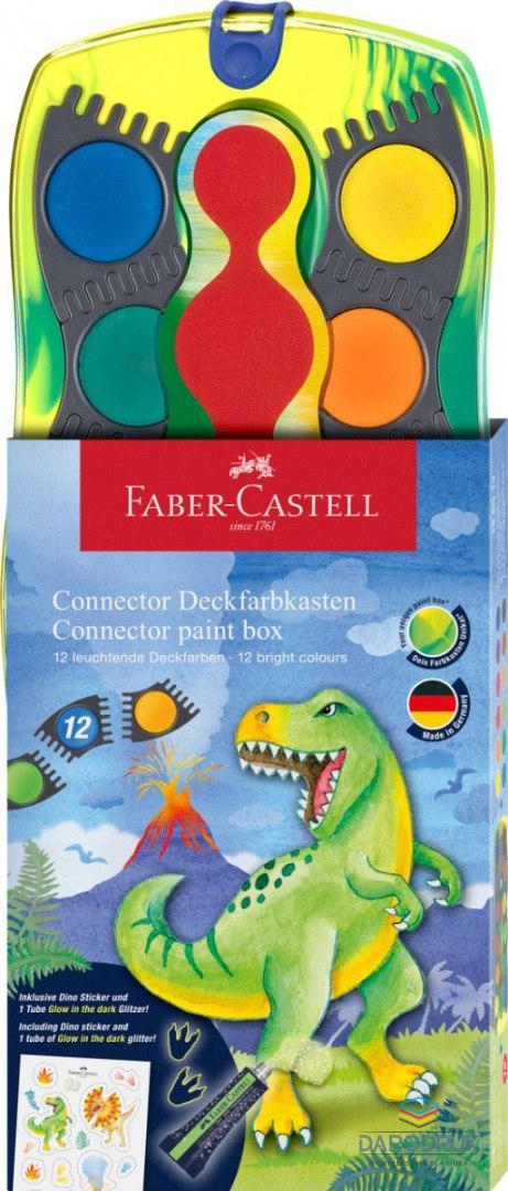 Faber Castell Farby akwarelowe Dinozaury +brokat + naklejki 12 kolor. Faber Castell (125013 FC)