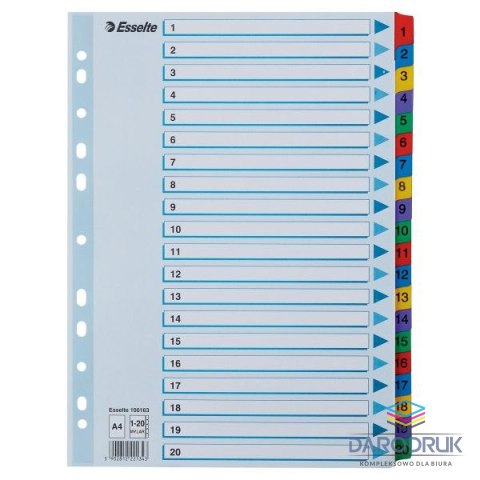 Esselte Przekładka numeryczna Mylar kartonowa A4 mix kolorów 160g 20k 1-20 Esselte (100163)